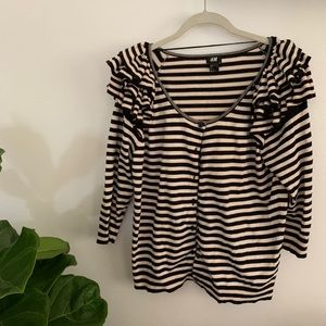 Women’s Black and White H&M Stripe Ruffled Blouse